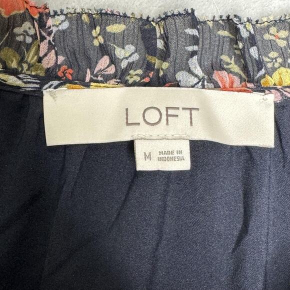 LOFT Dress Womens Medium Black Floral Long Sleeve Ruffle Neck Boho Tunic Lined - Picture 5 of 13